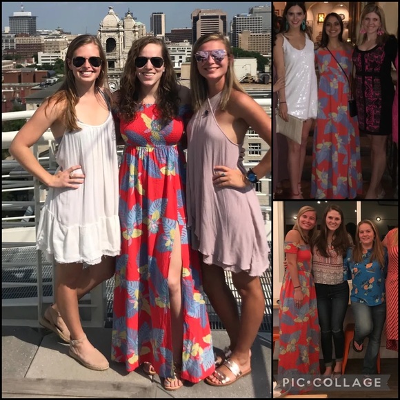 Lulu’s Coral Tropical Print Smocked Bodice Side Slit Maxi Dress - Picture 4 of 13